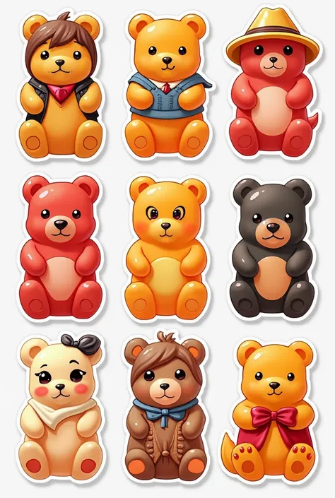 Create a series of collectible stickers that merge iconic and recognizable characters from classic anime, with the appearance of a gummy bear. Each sticker must represent a very recognizable character, but with a soft body, shiny and translucent , like tha...