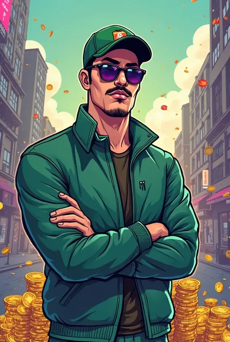 Create a stylish and cool cartoon character, wearing a cap and a modern outfit in the colors green and violet. The character must have a well-defined mustache and a goatee. He must be in a confident and charismatic pose.

The background must be detailed an...