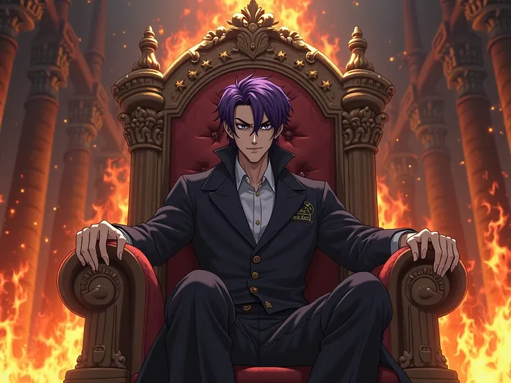 Villain short purple haired man in the burning throne room medieval anime realistic style