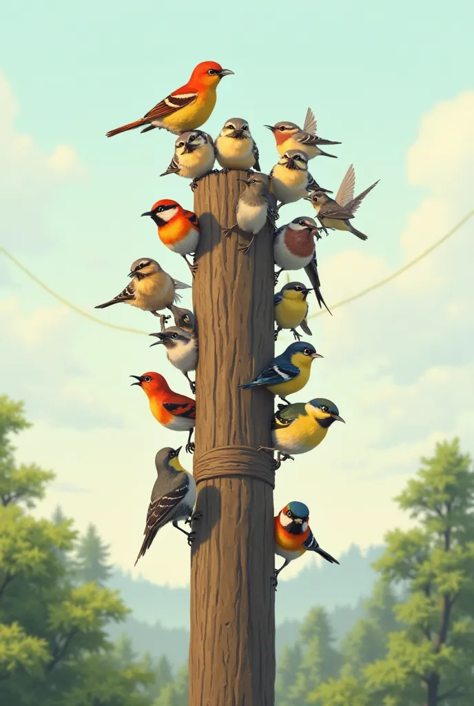 Lots of little birds on the pole
