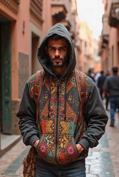 Generate me a model hanging out in marrakech streets wearing a hoodie inspired from the moroccan culture, the hoodie must be original and cool 