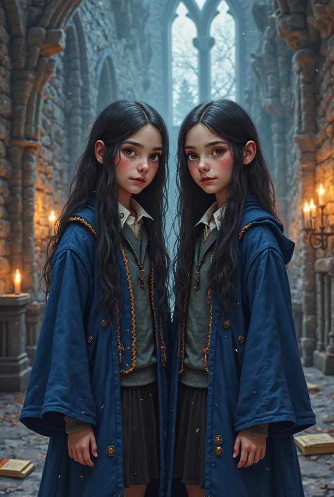 Hogwarts student, Ravenclaw house, twin girls, 11, black hair, long straight hair, brown eyes, half-English, white skin, freckles on the face.