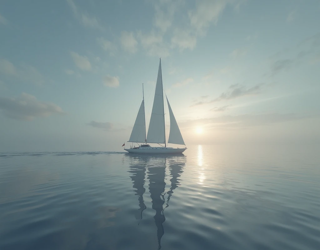 View of sailboat over grey sea with natural reflection of its shadow. Blue sky background with small distant sunlight
