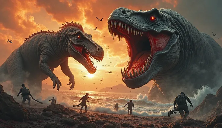 "A nightmarish post-dinosaur world: A towering Andrewsarchus with bloodstained teeth lunges forward, while a massive Megalodon lurks in the ocean depths, its jaws wide open, revealing rows of six-inch teeth. In the background, a burning sky looms over an a...