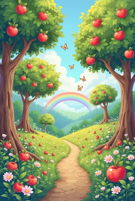 Cartoon landscape with trees with apples,  butterflies with flowers in pastel colors small and with a path with a rainbow 