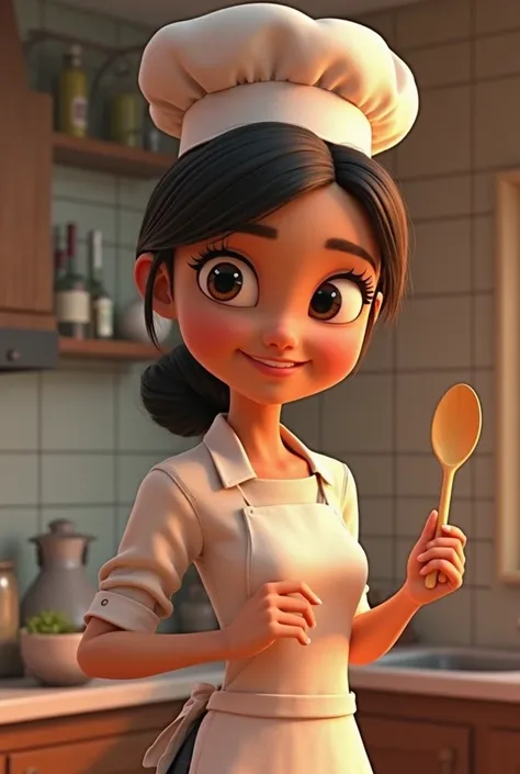 Disney inspired 3D poster/Pixar capturing a scene with a 35-year-old woman, light brown skin dark brown eyes straight black hair tied together,wearing a cook's outfit with a cap and a spoon in her hand 