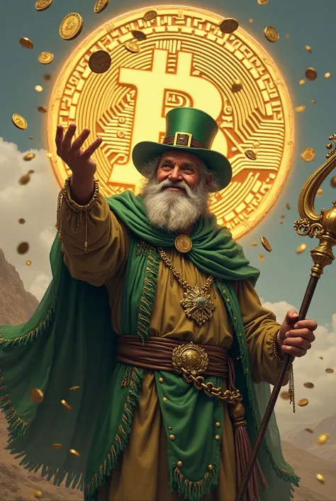 Realistic image of Saint Patrick with a large bitcoin coin in the background that the character throws coins and looks like a canchero and cumbiero 