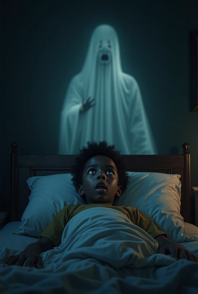 A black boy in his bed and in a corner of the room there is a scary ghost 