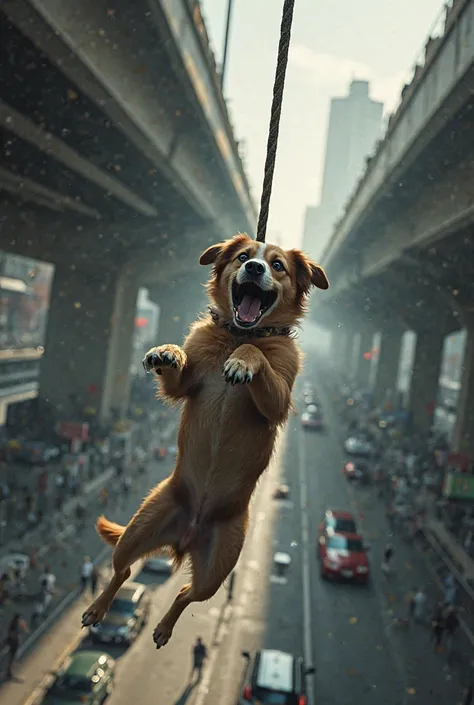 Dog hanging from a rope on the overpass 