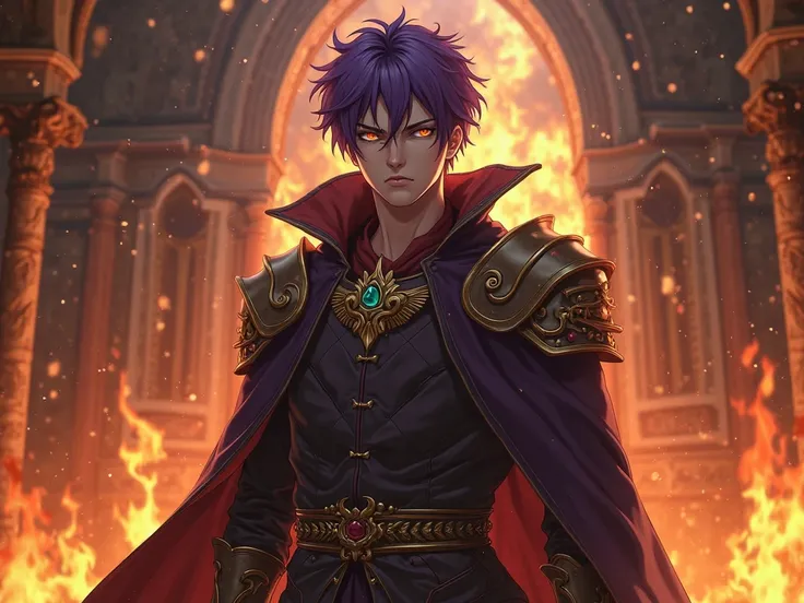 Face Wizard Warrior Evil Villain short purple hair in the burning kingdom hall medieval anime realistic style