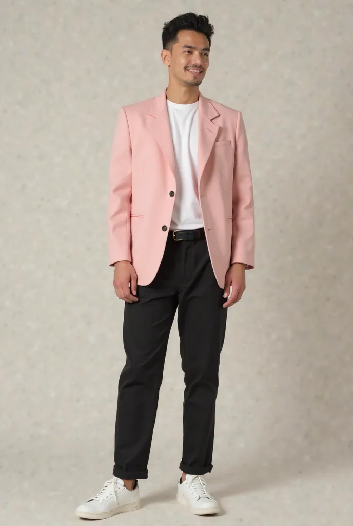 I want the full picture with the same characteristics as the young man, but a baby pink blazer, a white shirt, black pants, a white coach and a black belt 