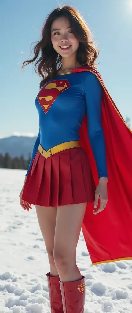   full body image of a beautiful Japanese woman in her 20s    (    Large Size  :9.8)    dreamy blue eyes  medium tousled brown hair  =TOP SUPERGIRL COSTUME,     blue leotards that have been stitched 、   Red Short Length Pleated Skirt 、Yellow Supergirl Belt...