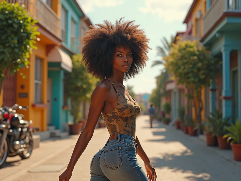 sexy afro woman walking sideways through the neighborhood 