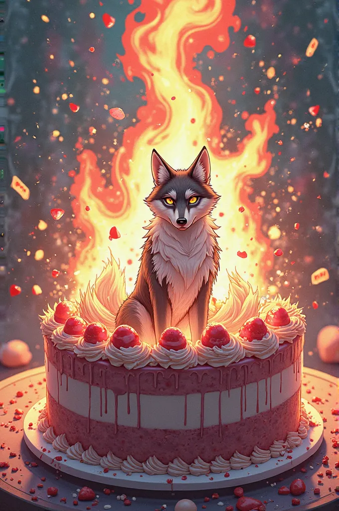 A beautiful cake explodes and a sexy anthropomorphic wolf appears. anime style.