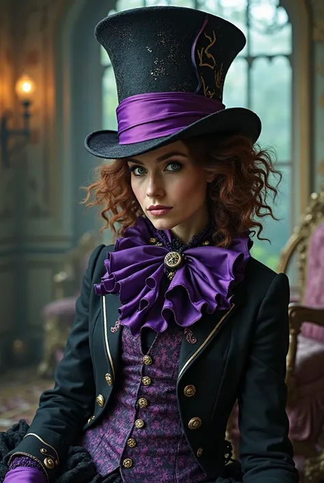 Woman in a mad hatter costume, the costume is black on the outside and purple on the inside, looks like a traditional mad hatter outfit you would see in a tv show