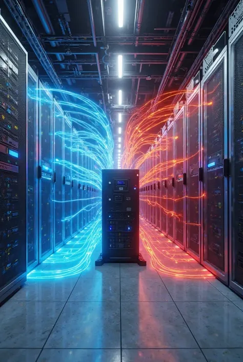 A modern and realistic data center room, containing a CRAC unit placed on the floor. . The unit draws hot air from the top and pumps cold air to the server racks (Racks). The room appears on a high floor with clear ventilation holes, and highlights air flo...