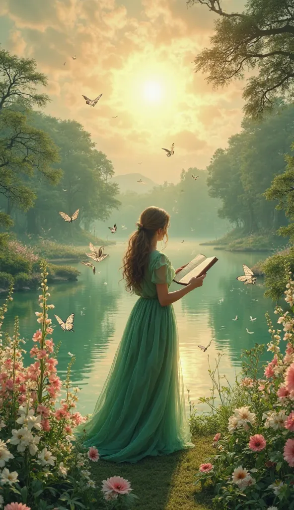 temperate landscape with wonderful sun realistic magical gardens and magical white flying butterflies with green reflective magic lake beautiful with white and pink gladiolus flowers , a realistic woman in a long green dress reading an open realistic bible...