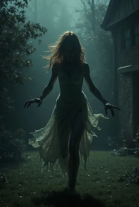 Woman dancing outside my house ,in the yard, scary image ,full body