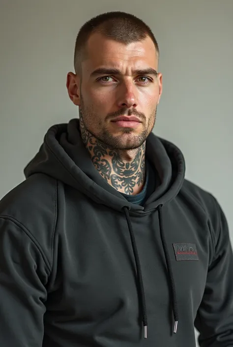 Boris Reznikov : 1m85 , 70kg, Chestain Coupé Buzz Cut,  tattooed , At 30,  brown eyes, Russian, s'habille soft et souvent avec des couleurs foncées. Does not have a beard. Create an image from this description