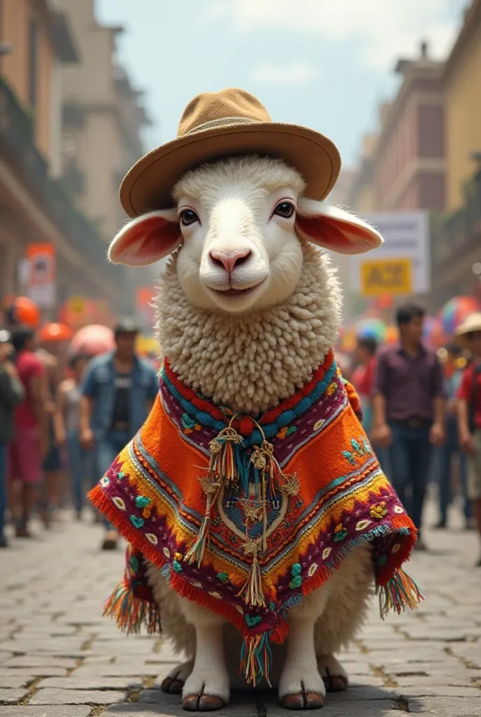 Sheep with poncho and hat and demonstration in Quito 