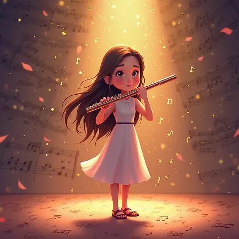 An animated illustration of a girl playing the transverse flute,  with a cheerful expression , tender and focused. The girl has long, loose hair, and wears an elegant dress in pastel tones. She is standing on a stage softly illuminated with warm lights. Mu...