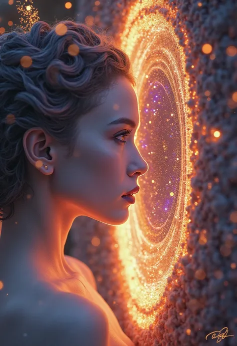 Beautiful blue alien goddess hybrid staring into a mirror dimension into another world, fractals, morphing water, celestial, orange and deep purple colors