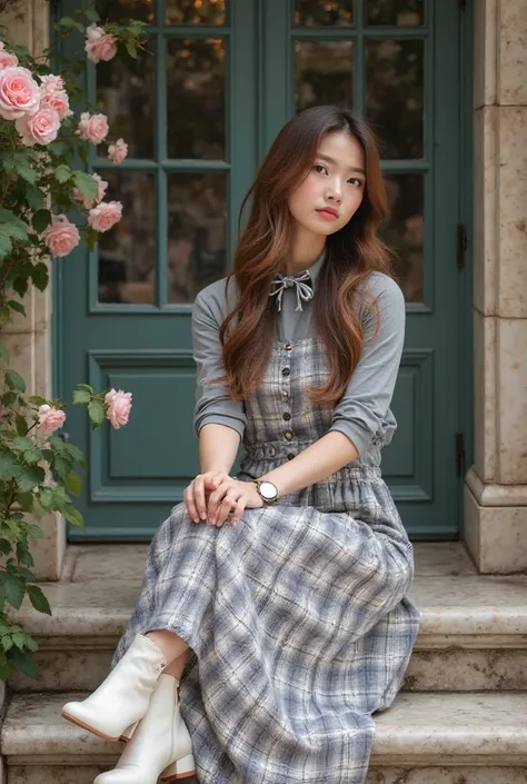 woman who is very beautiful and elegant, long hair, soft layers, layered haircut for long hair, tied with a ribbon on the side, wearing a long-sleeved gray t-shirt, long button-up sleeveless checkered dress in gray, white and navy, tied with a ribbon at th...