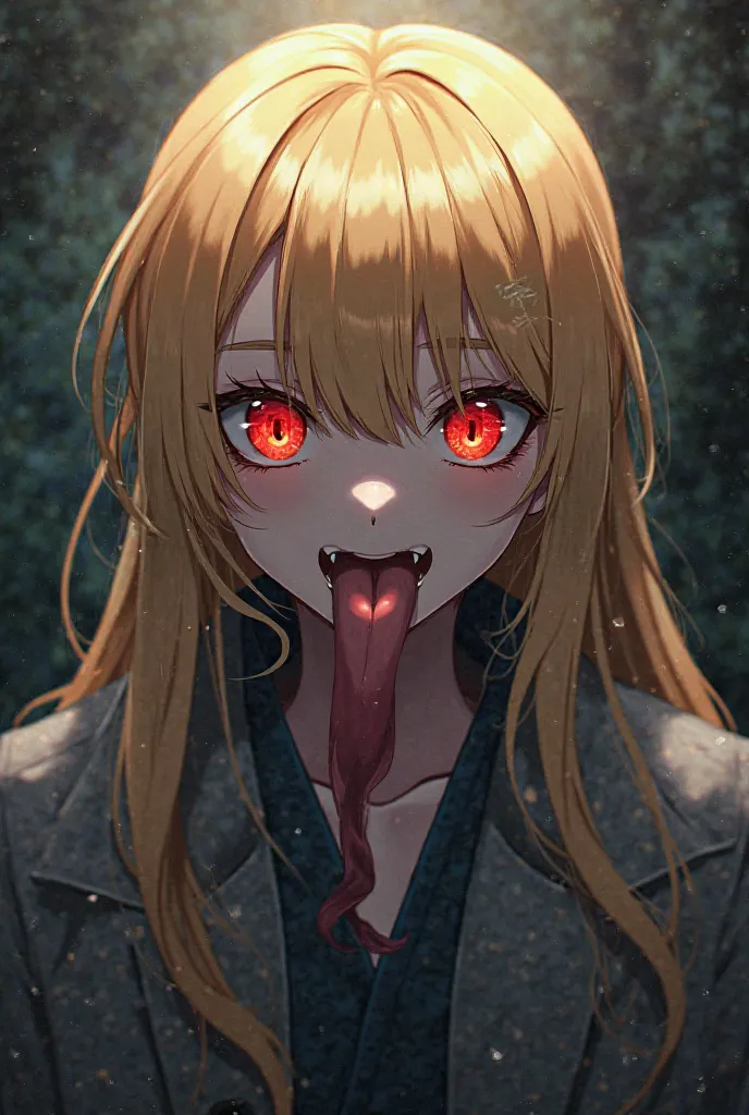 Anime blonde with snake red eyes, with a forked tongue like a snake, with fangs and looking at a predatory eye 