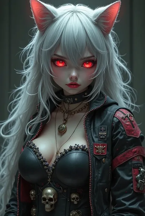  A shocking and mysterious image of a voluptuous half-human  ,  a feminine cat girl with human features with long white hair with silver reflections, slightly wavy,  that falls disorderly around her face .  Her eyes are deep red ,  shining with an almost h...