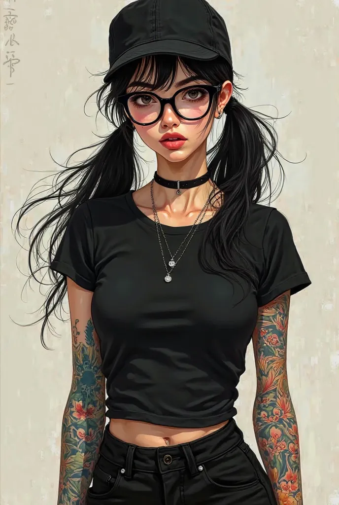 Draw a picture of a girl with black hair in pigtails, black glasses, a black top and pants, tattoos on her arms, a black cap. In the style of Van Gogh