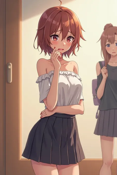 Thin anime boy is forced to put on lipstick and wear Shoulderless blouse with pleated miniskirt while he looks uncomfortable while his male and female peers laugh at him. This should be designed in anime style.