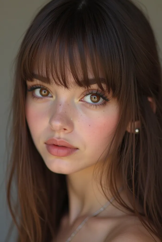 An image of a very pretty girl with straight brunette hair and straight bangs just to her eyebrows, high cheek bones, brown eyes combined with amber, thin nose, thin and upturned, Thin face, not so oval or round, and medium-long face, medium plump and pink...