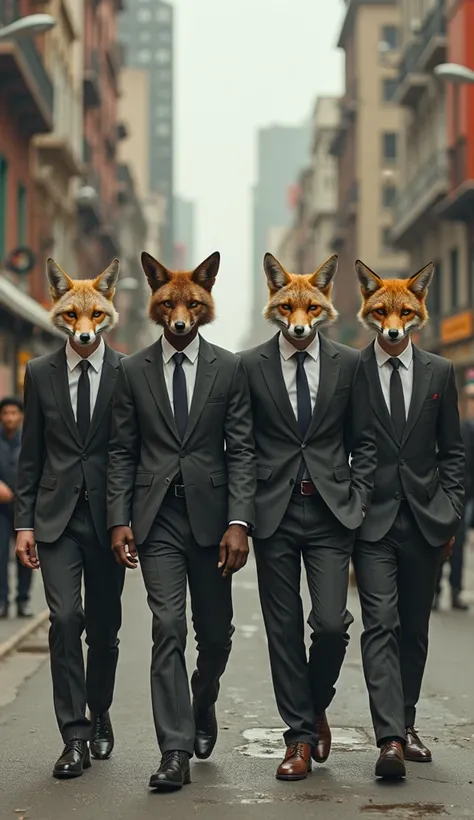  Four men  (One is white, ANOTHER ONE IS BLACK, AND THE OTHER TWO ARE LIGHT BROWN. THEY HAVE FOX HEADS (Realistic) DRESSED IN ,  SUITS WALKING SIDE BY SIDE ON THE STREETS OF SÃO PAULO  (Image size 9:16) 