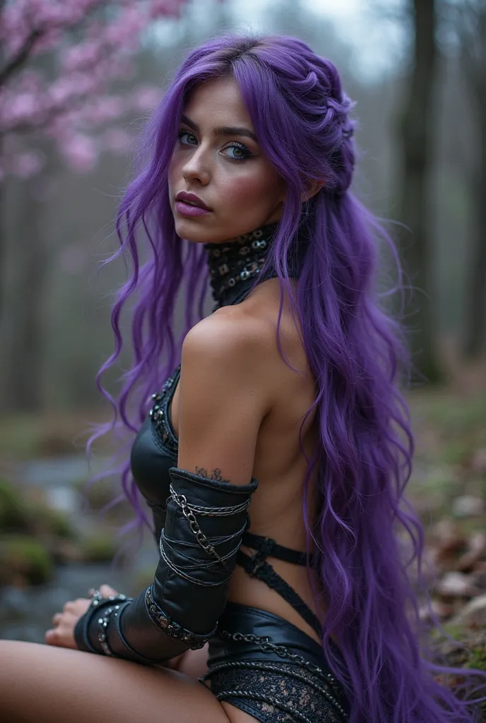 34 year old girl, Russian, Nordic, Celtic, Scandinavian, (((long wavy purple hair, long purple layered hair, dark purple messy hair, side braid, face covered by hair, wind blowing hair, hair in face, pulled back hair, volume hair))), (((bright eyes, exotic...