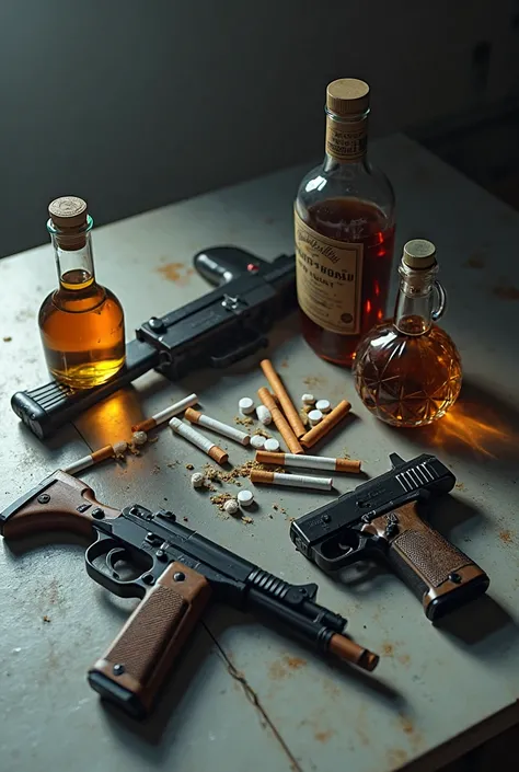 Can you create a cover art for me with guns on a table , cigarettes , alcohol and pills with no characters in it 