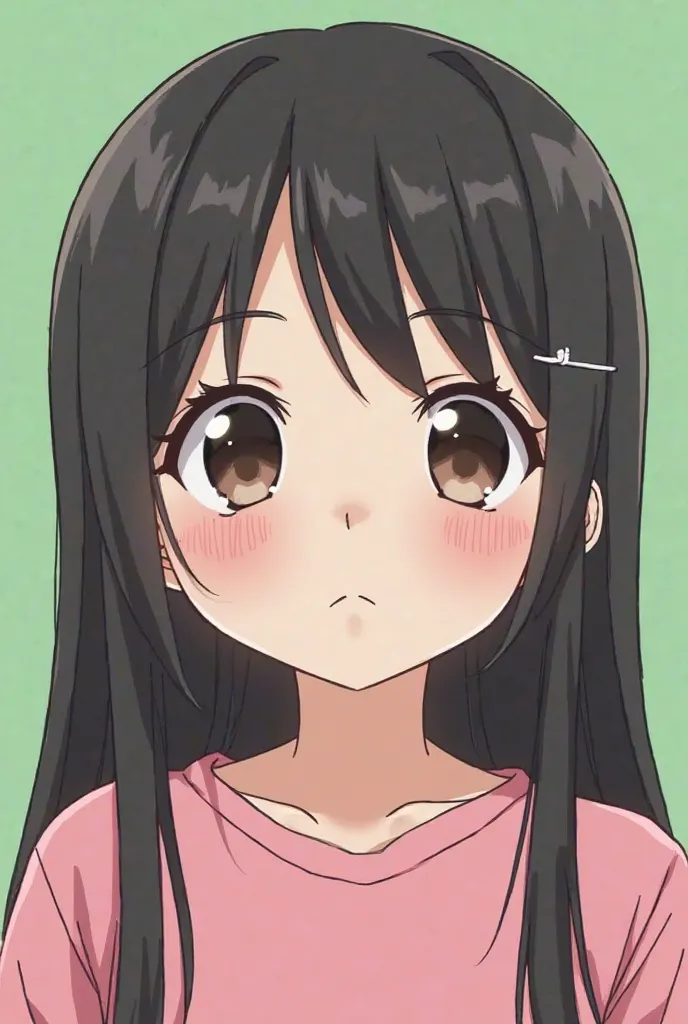 I want a video of a girl who looks straight ahead, that is from the anime chibi cute, that her hair is long and straight in black. Her eyes are dark brown pulling for black, pink clothing, That she wears a top, that her cheeks are blushed with a rosy color...