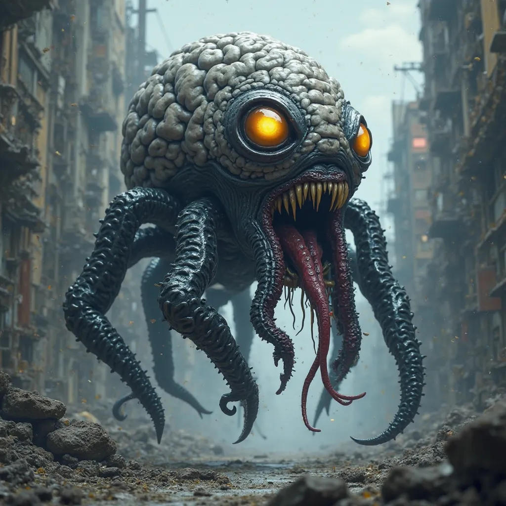 Alien monster. Gray and black carapace. Yellow eyes. Resident Evil. Mutated brain like body. Duke Nukem Octobrain. Fanged maw. Venom tongue. Several octopus like tentacles. Floating in the air. Steven Universe. Yugioh. Digital art. In a ruined city.