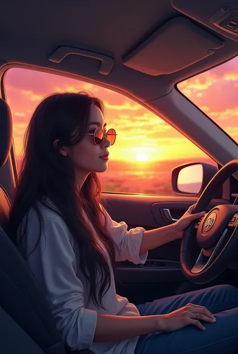 Une jeune femme cheveux longs noirs lunettes de soleil dans une voiture au coucher du soleil 