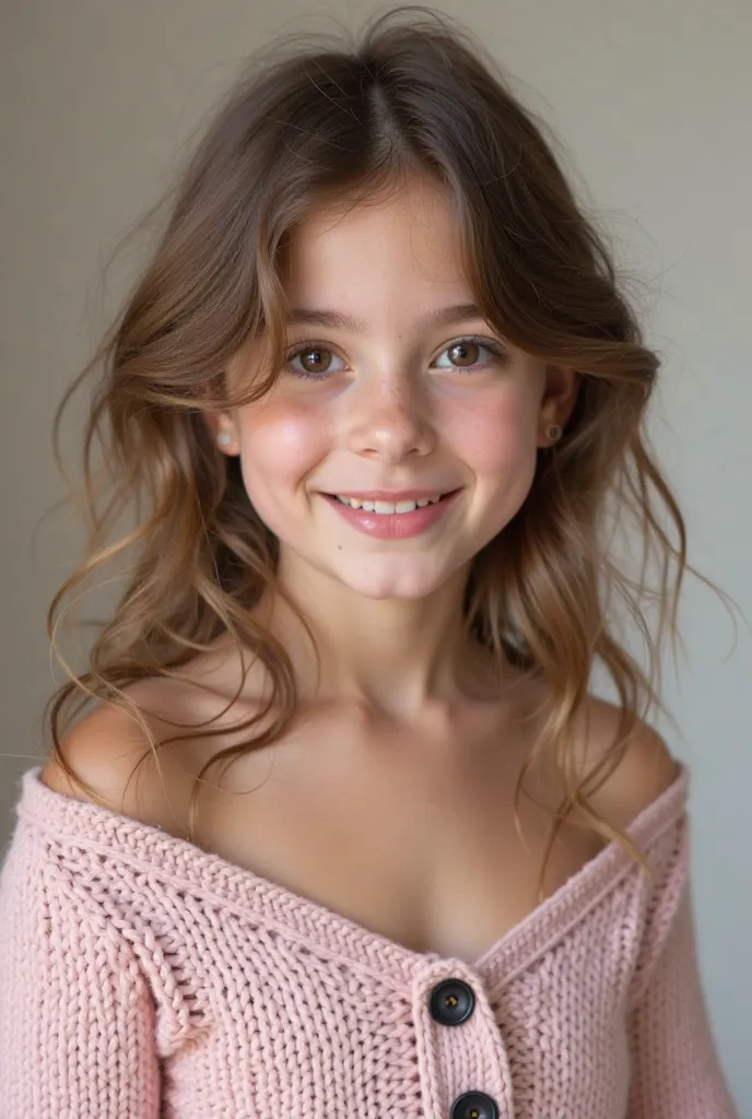 Twelve year old girl,  brown hair, wear a pale pink knit sweater with bare shoulders and chest, She has a playful face,  image, has saggy breasts  