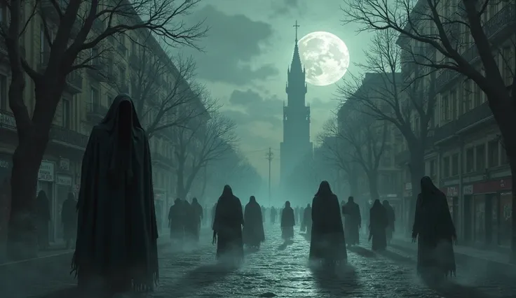 Madrid in the background with macabre and dark silhouettes, Ghosts haunting all over Madrid