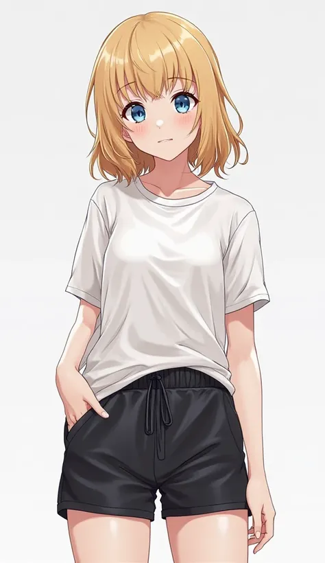 1 girl [appearance= "Blonde hair", "blue eyes"] [Clothes= " white t-shirt", "black gym shorts"] ( full body plane) 4K anime illustration,  Precise,  super detailed ,  tall details , High resolution,  High quality, High Definition, Anatómicamente correcto, ...