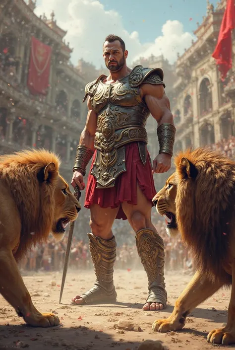 Gladiator with lions on the sides