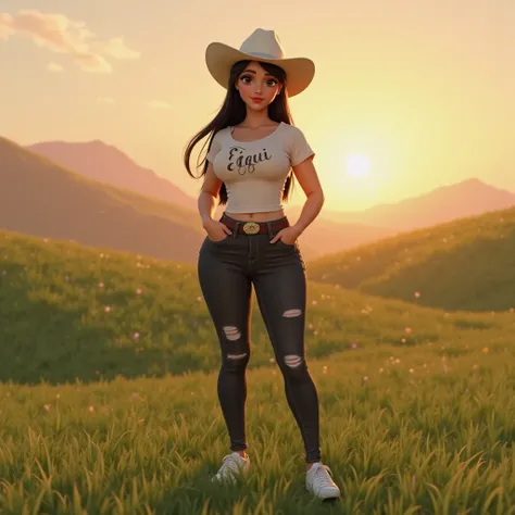 Woman with a slim build,  voluptuous, Pixar style ,  long straight hair color black, Hands in your pockets wear a small white blouse with the name "Jaqui " And ripped black jeans,  slim waist, on the head a white cowboy hat. And white sneakers 
In the back...