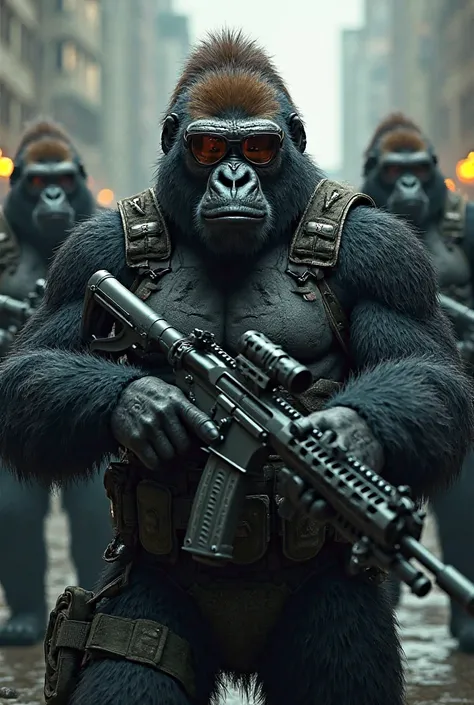 Gorillas dressed in glasses and weapons 