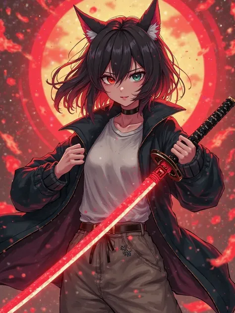 ager animate eyes with Heterochromia left black and red right with cat pupil wearing a black overcoat and white sleeveless t-shirt and dark beige jogger pants her medium hair with dark red tips wielding a red blade katana surrounded by red rays, Pose raisi...