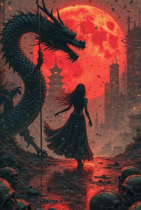  a book cover, There is a black Chinese dragon, There is a silhouette of a woman with long hair dancing pole dance, The floor is full of skulls, in the background there is a city illuminated with a red moon, Realistic Art