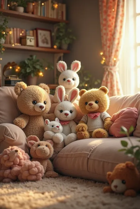 A livingroom with plushies