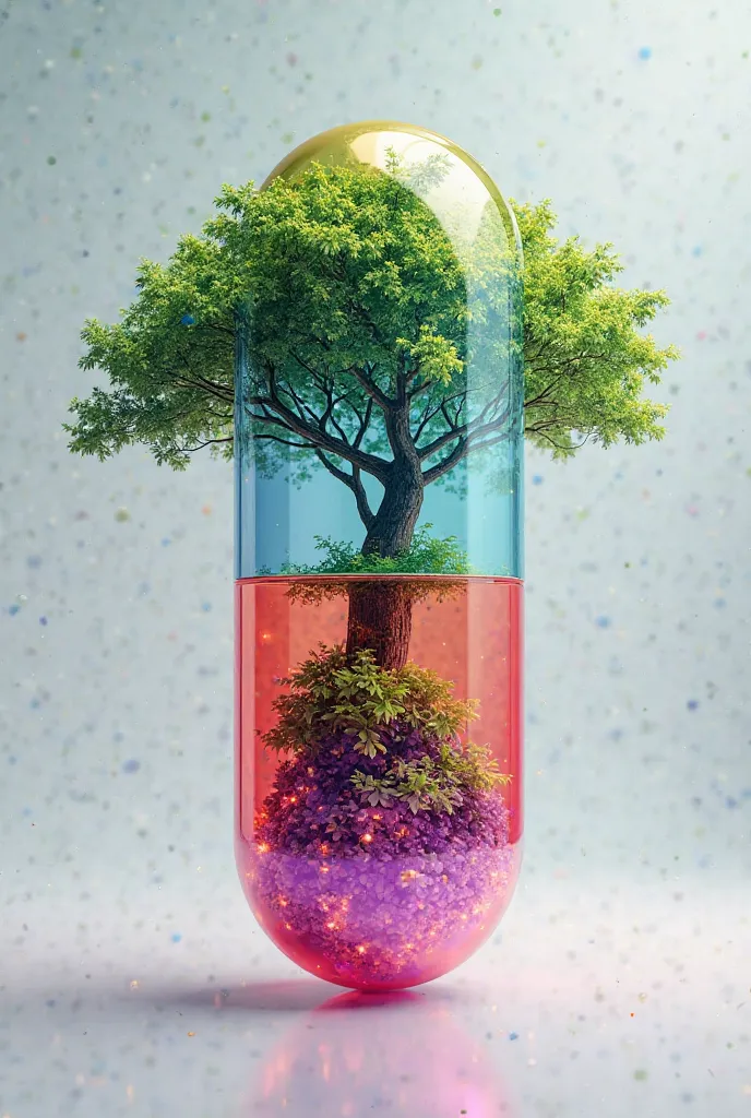 A colorful pharmacy capsule with a medicinal tree