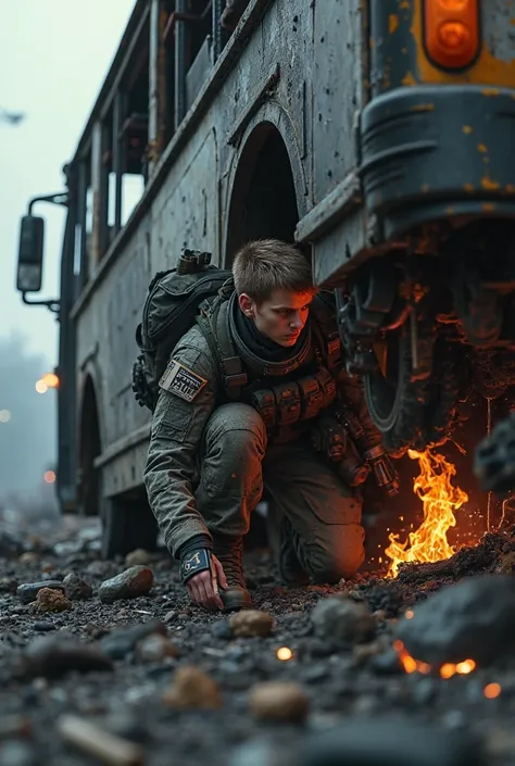 A soldier crawled under the smoking bus