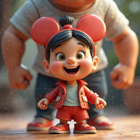 Disneylike 3d person in a picture-like cartoon but behind other arms showing very strong 